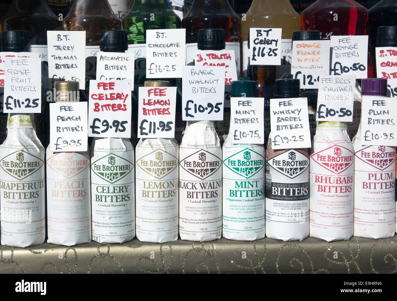 Different flavours of Fee Brothers bitters in London shop window Stock Photo