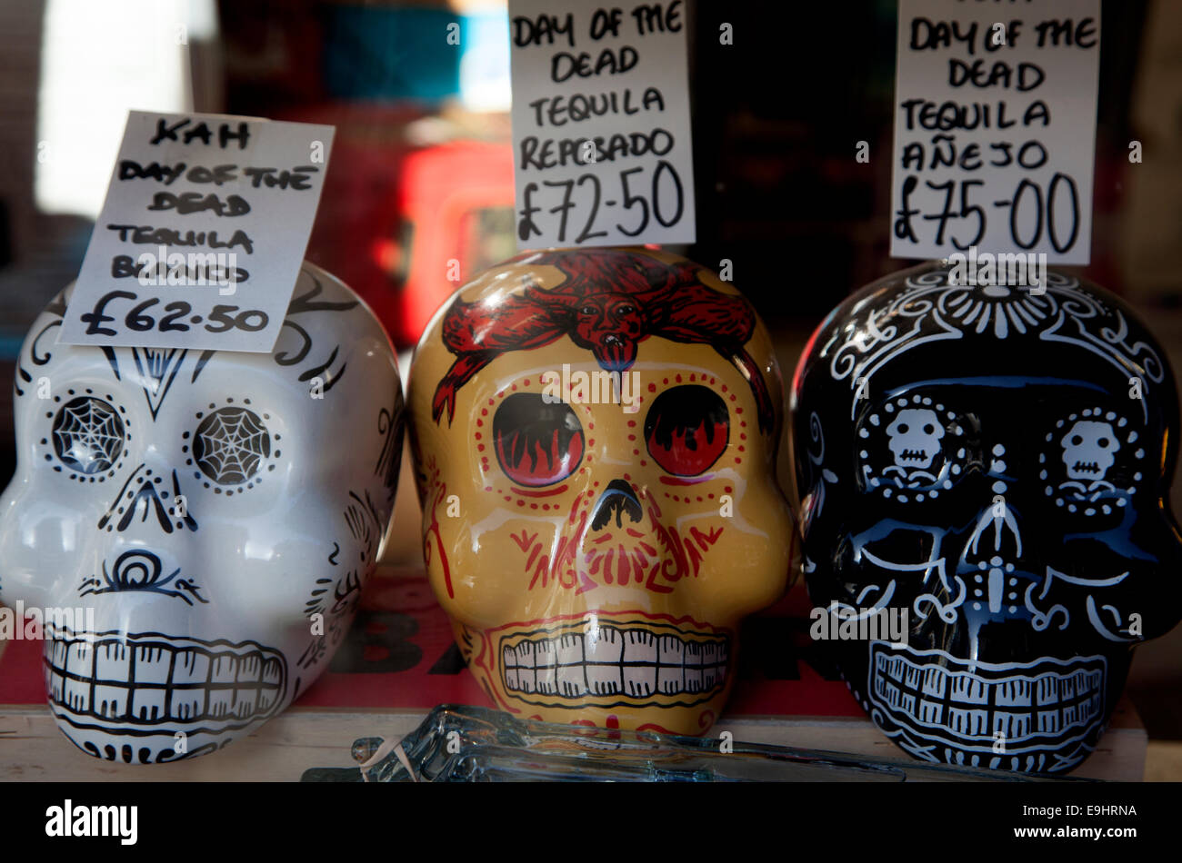 Kah 'Day of the Dead' tequila in London shop window display Stock Photo