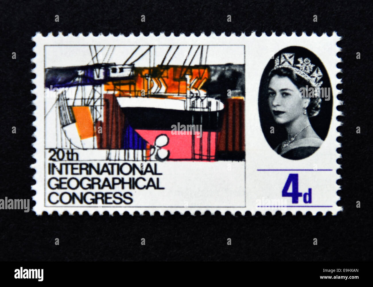 Postage stamp. Great Britain. Queen Elizabeth II. 20th International Geographical Congress in London. 1964. Stock Photo