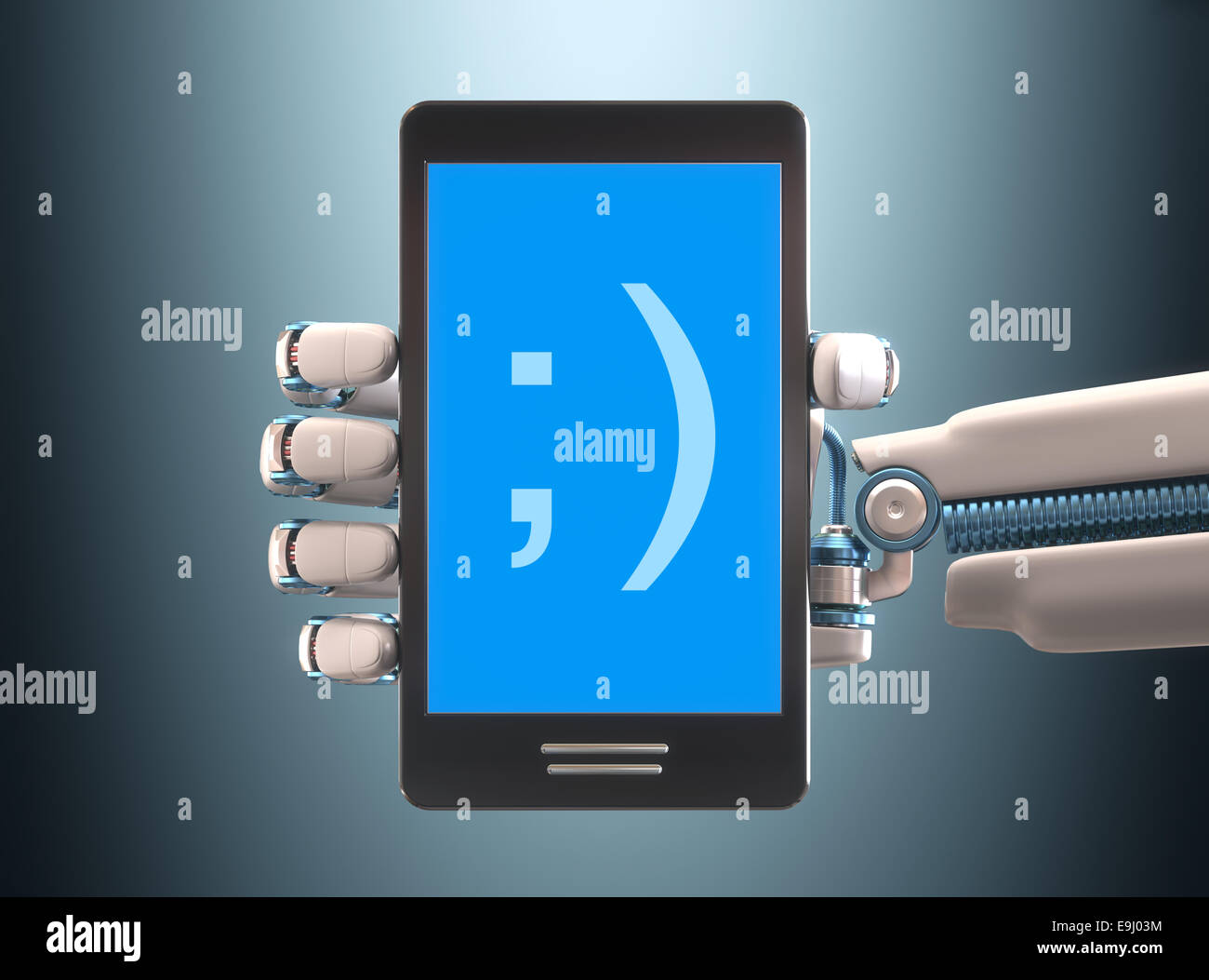 Robot hand holding a cell phone. Your text on the blue screen. Clipping path included. Stock Photo