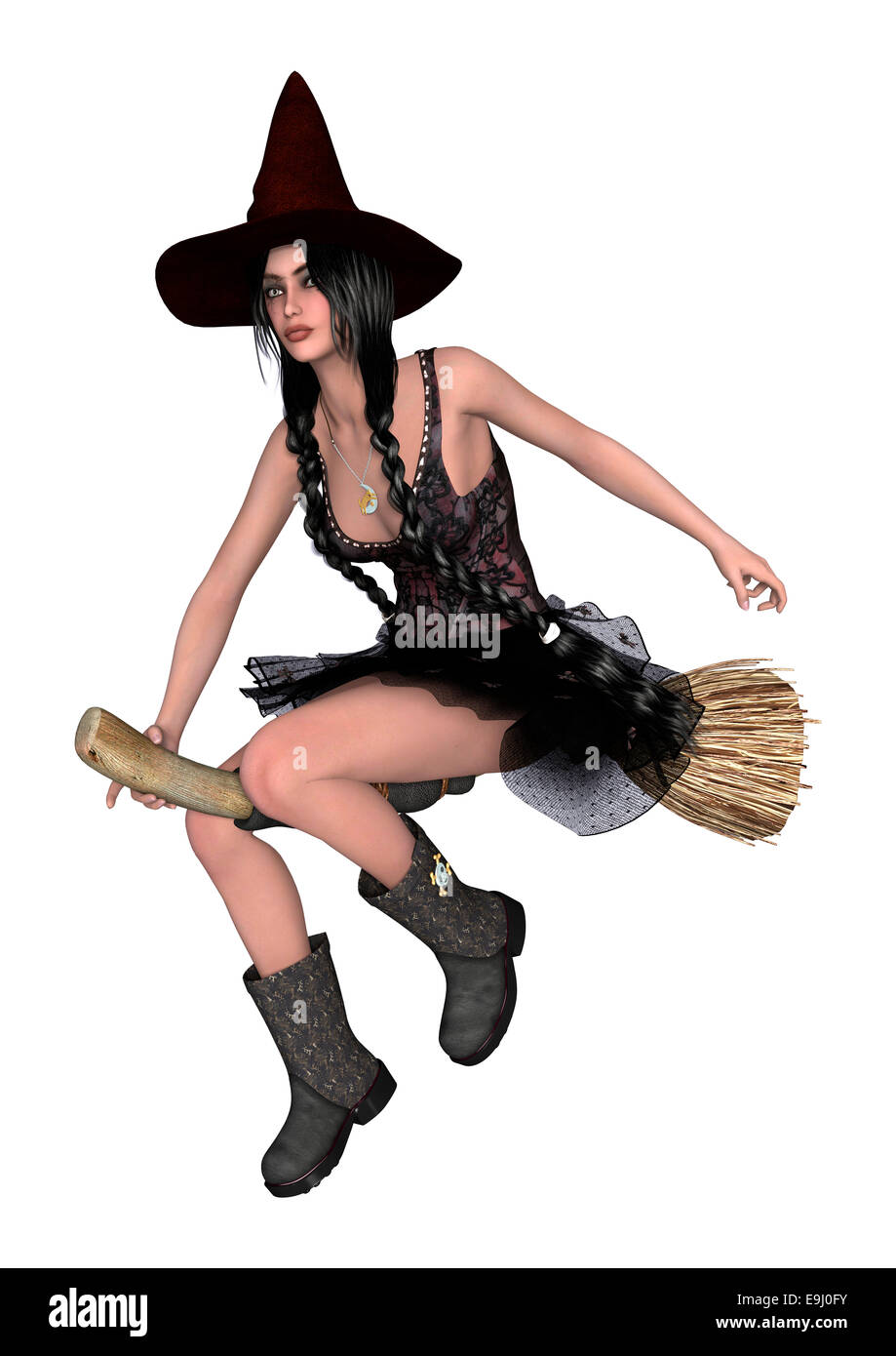 3D digital render of a beautiful young witch flying on a broomstick isolated on white background Stock Photo