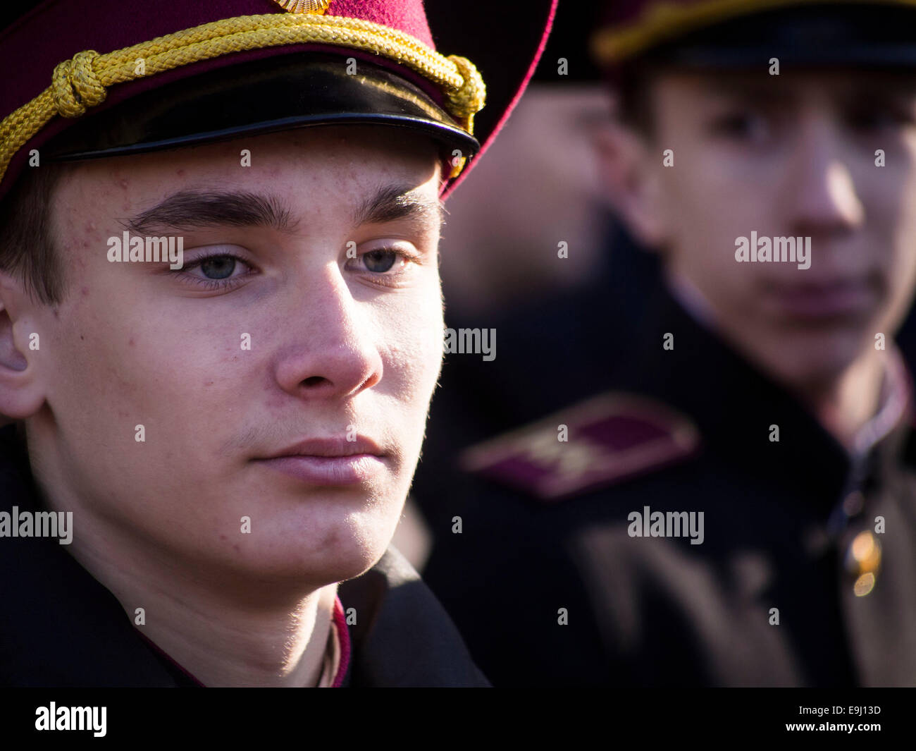 Kiev, Ukraine. 28th October, 2014. Cadet honor guard.  Kiev cadets and schoolchildren at Babi Yar, held a rally on the 70th anniversary of Ukraine's liberation. Babii Yar tragedy known worldwide. During the Second World War, the Nazis executed here 100 thousand inhabitants of Kiev, mainly Jews. Celebration of Ukraine's liberation from the Nazis passed under the Russian occupation of the Crimea and Eastern Ukraine. Credit:  Igor Golovnov/Alamy Live News Stock Photo