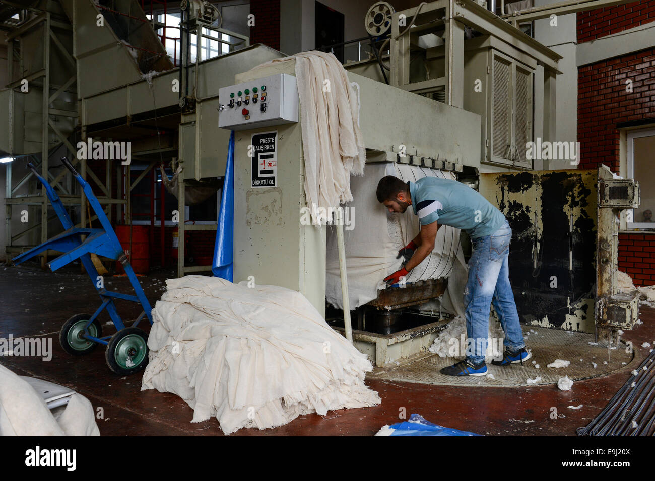 TURKEY, Adana, Pakmil ginning factory, processing of harvested conventional cotton, cotton bale press Stock Photo