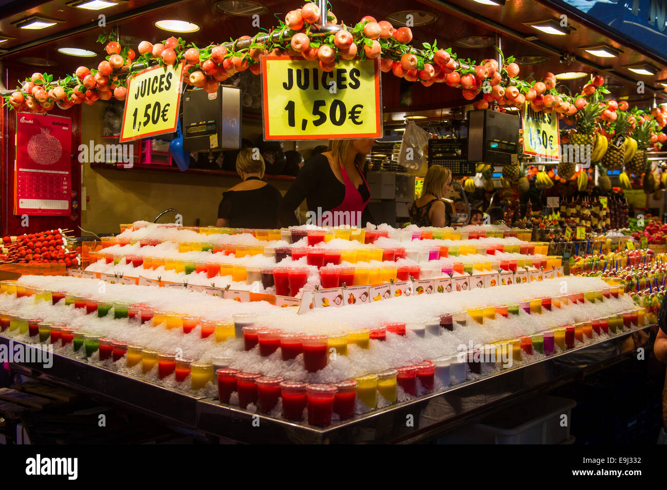 Fruit juice in La Boqueria Market in Barcelona, Spain Stock Photo ...