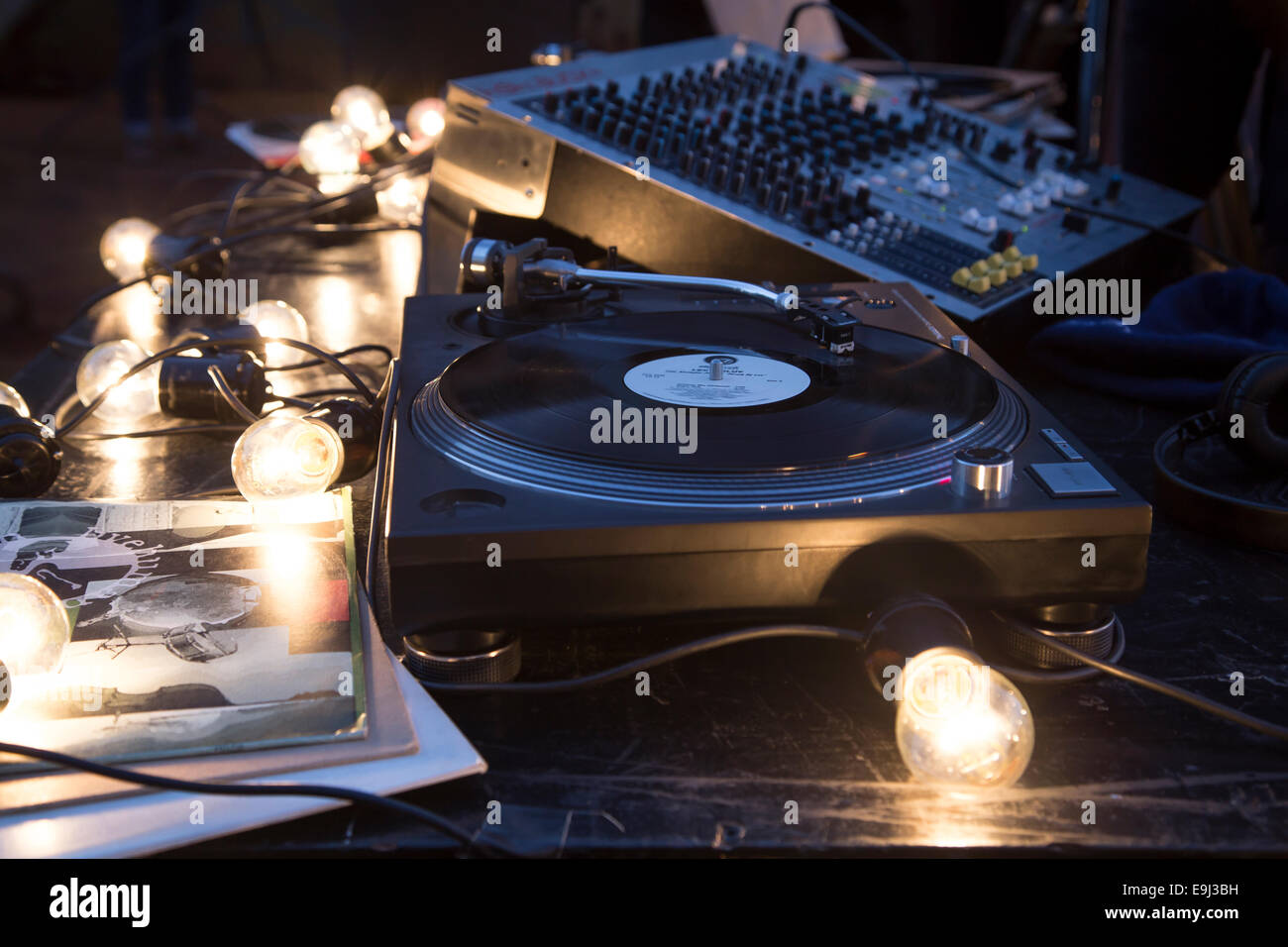 Record player and mixing deck at a big party Stock Photo