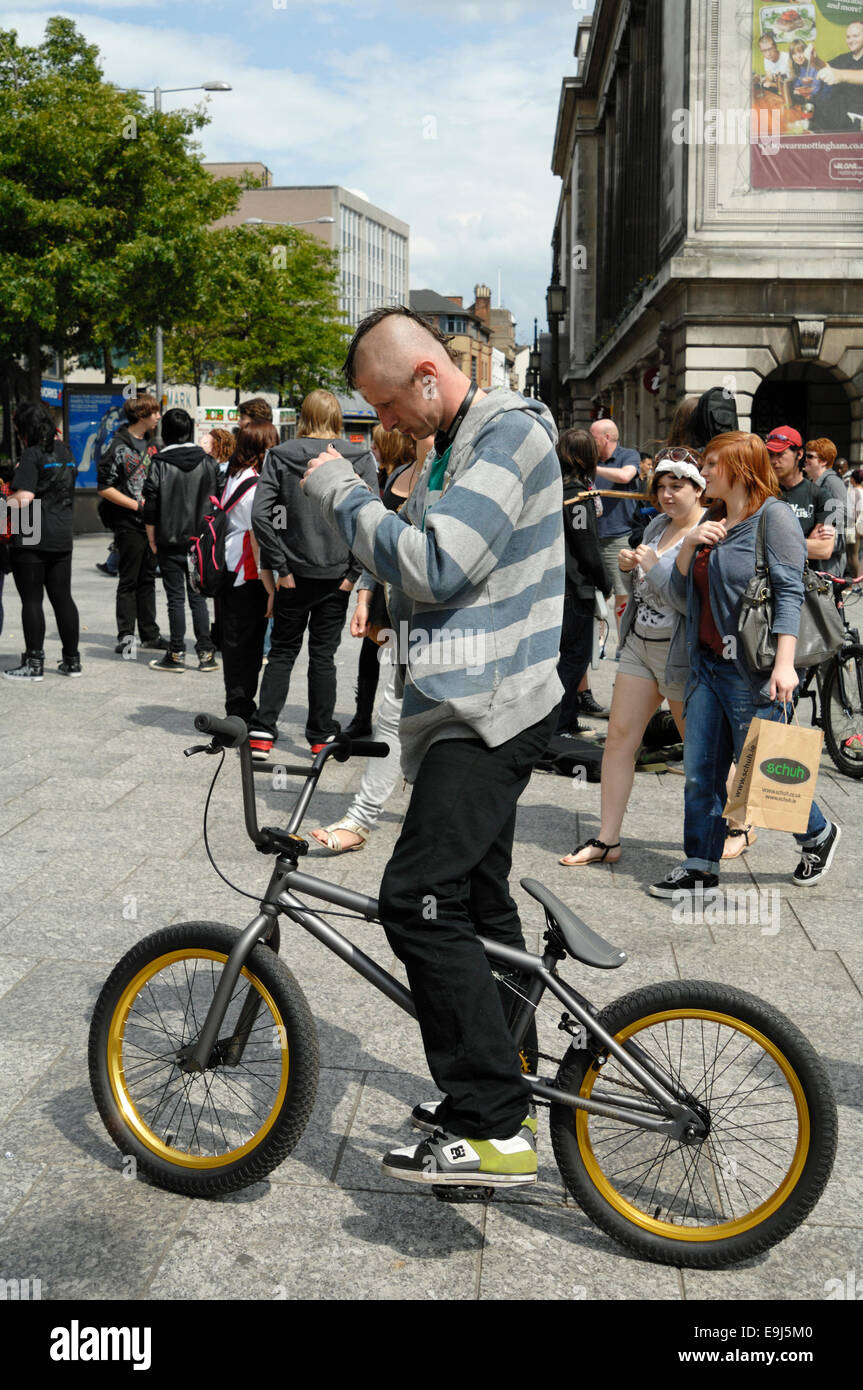 Skinhead on bike, Market Square, Nottingham, England. Stock Photo