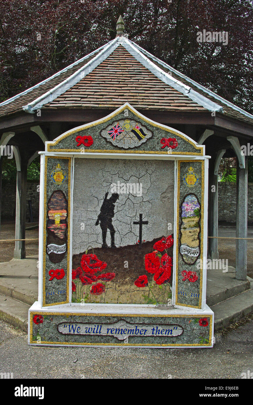 Large floral tribute marked "we will remember them" in Ashford In The Water, Derbyshire; part of the well dressing tradition. Stock Photo