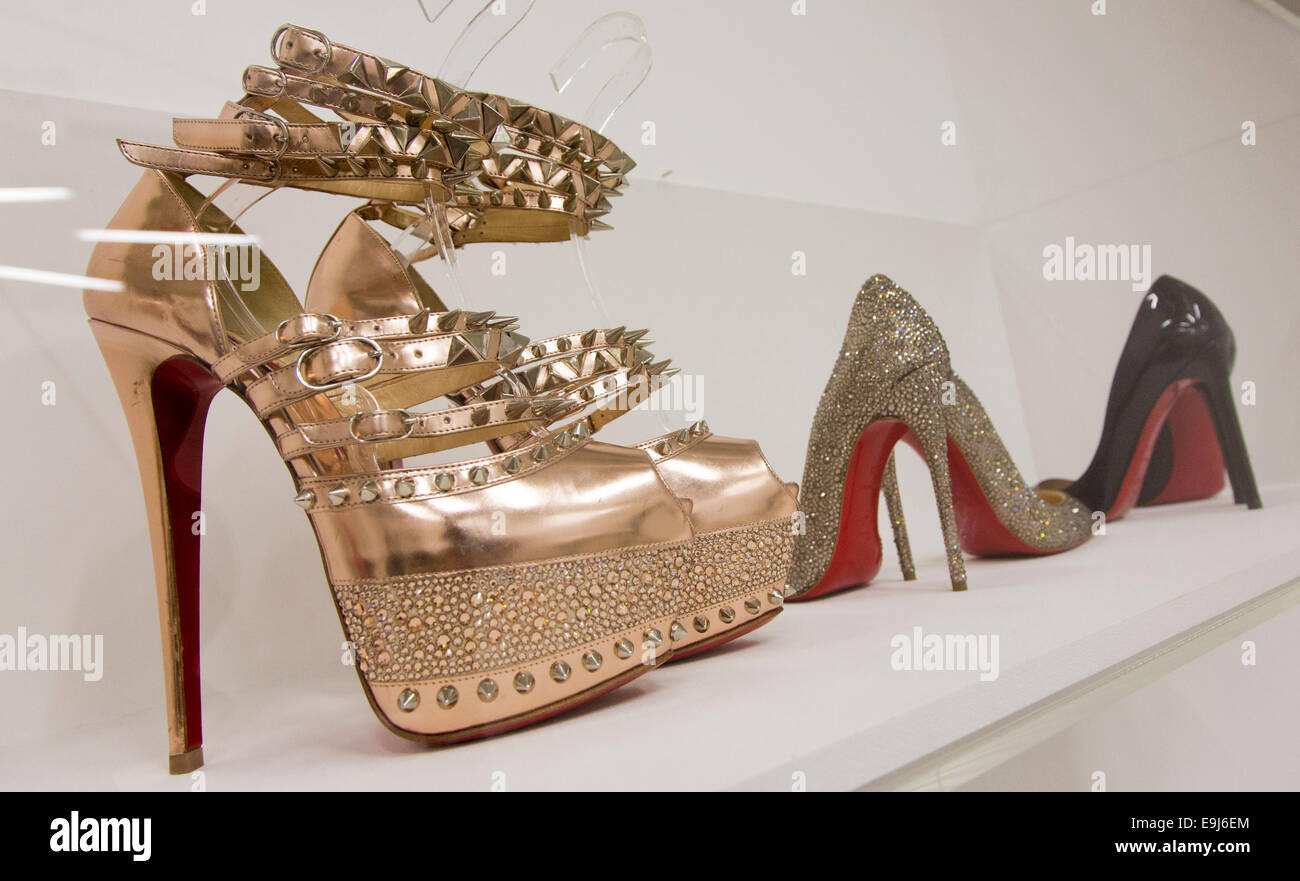 Manolo Blahnik shoes. The exhibition Women Fashion Power opens at the Design Museum, London Stock Photo