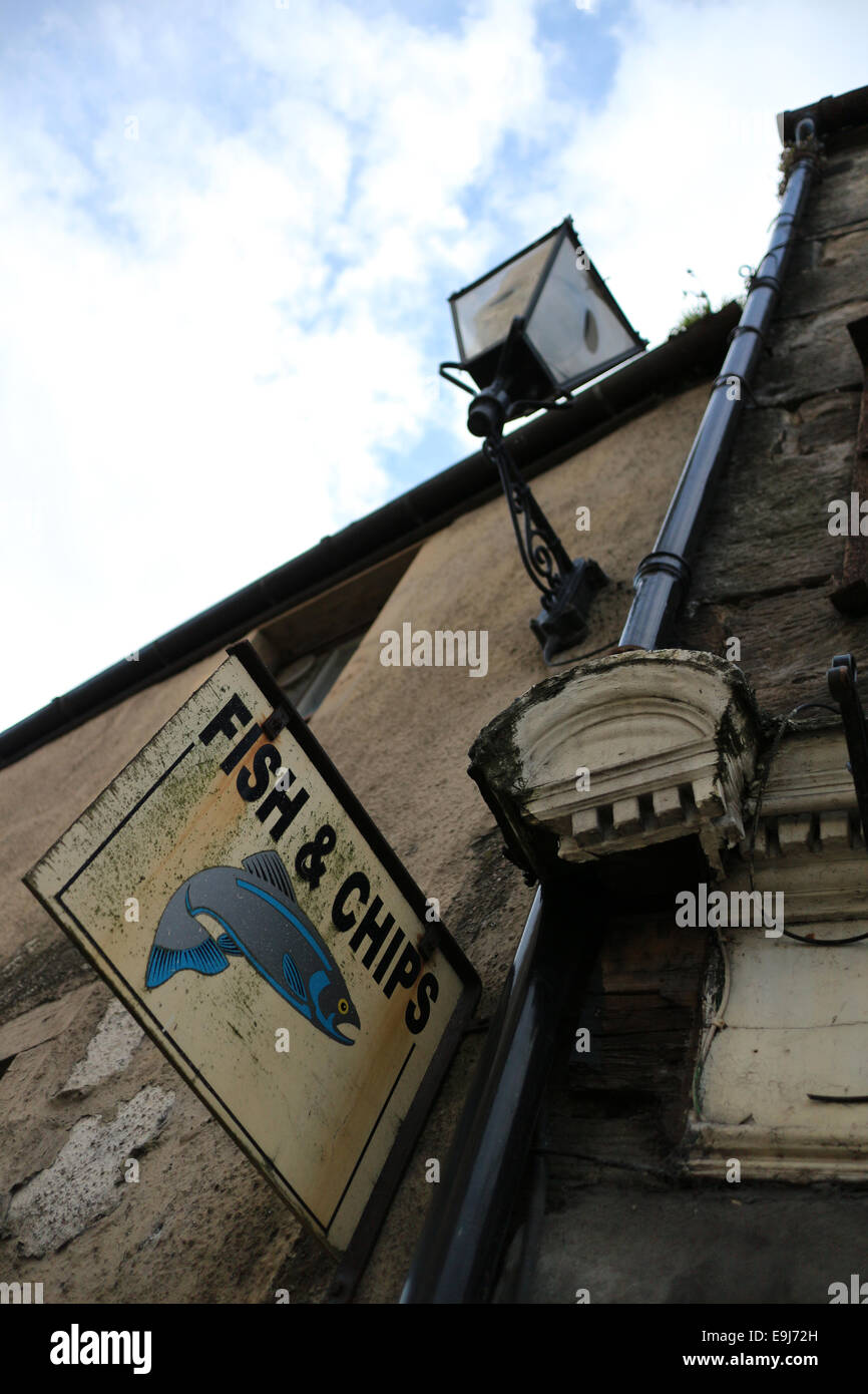 Fish and chips sign displayed on a traditional pub South Queensferry