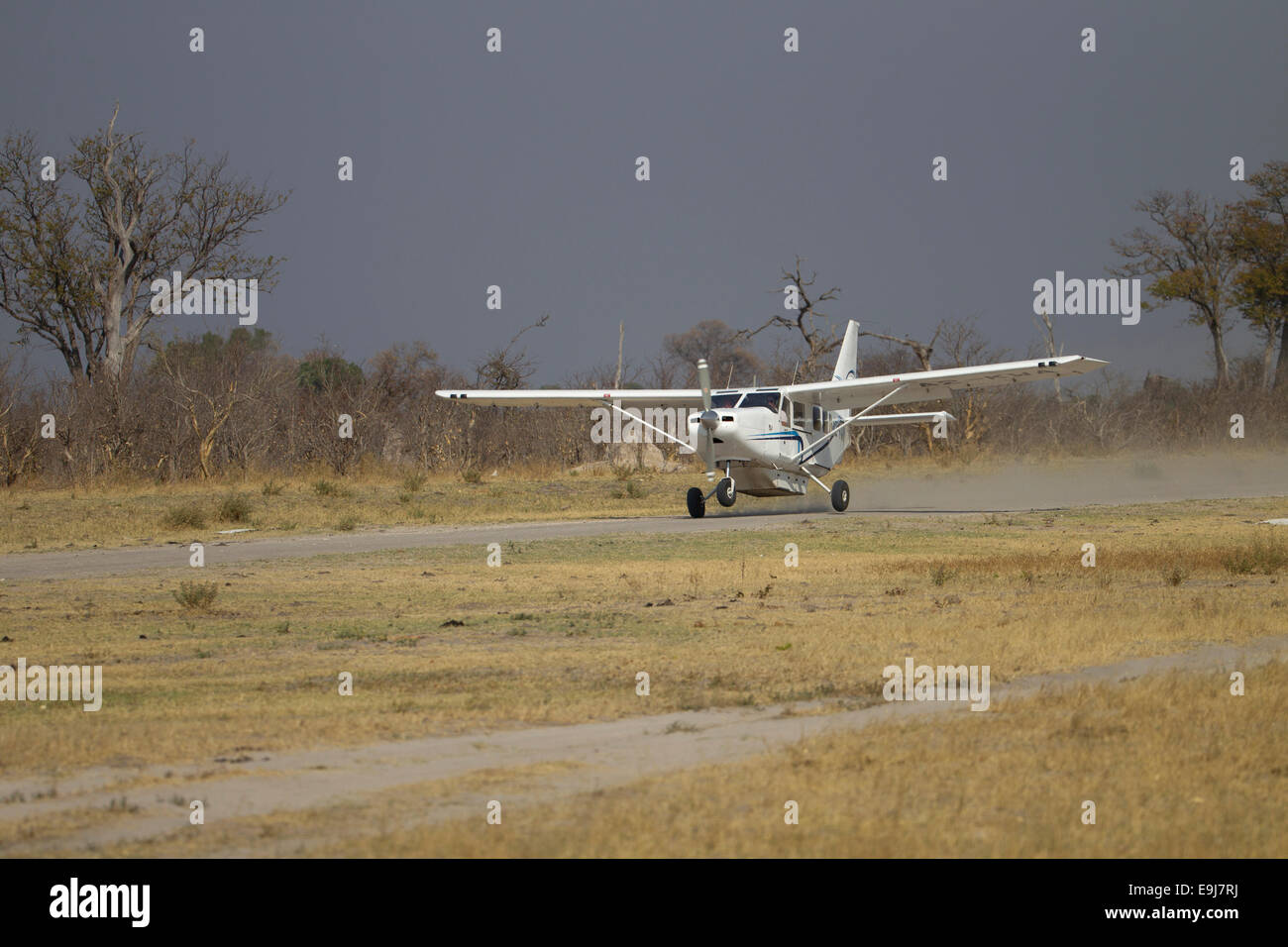 Light aircraft lands in the bush Stock Photo