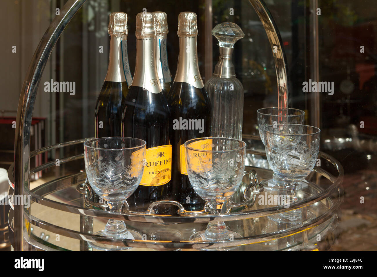 Sparkling wine bottles and crystal glasses - USA Stock Photo