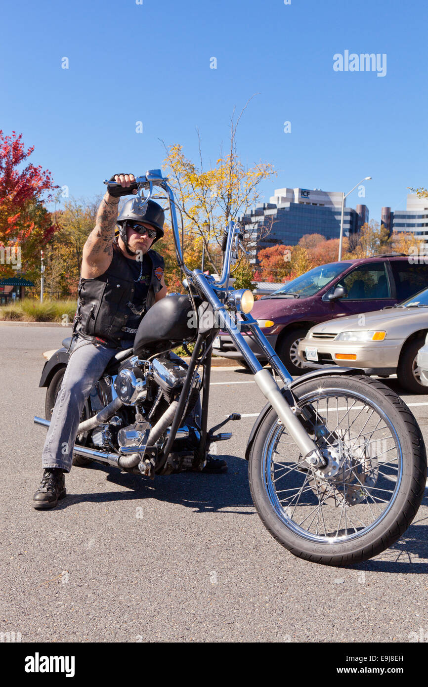 Rider on Harley Davidson chopper motorcycle - Virginia USA Stock Photo