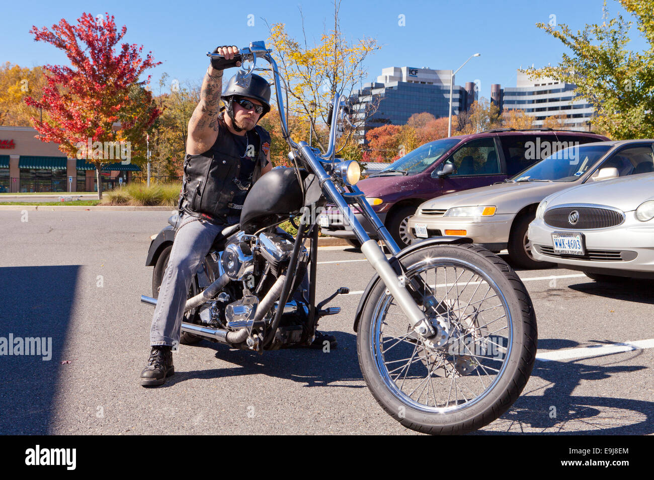 Rider on Harley Davidson chopper motorcycle - Virginia USA Stock Photo