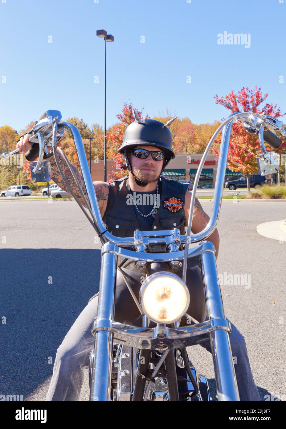 Rider on Harley Davidson chopper motorcycle - Virginia USA Stock Photo