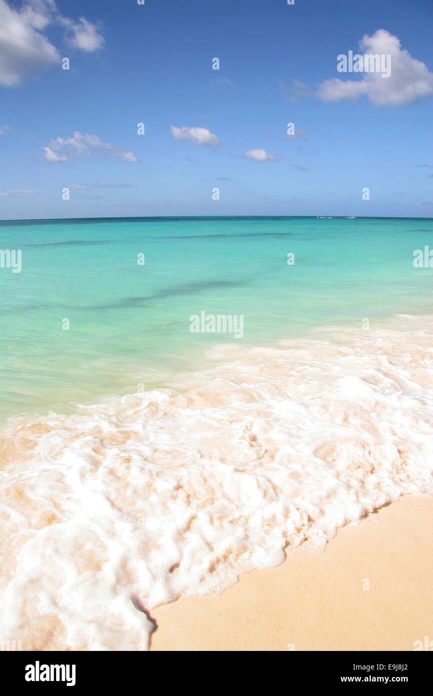 Beautiful white sand beach with turquoise sea & blue sky, Manchebo Beach, Aruba, Caribbean. Stock Photo