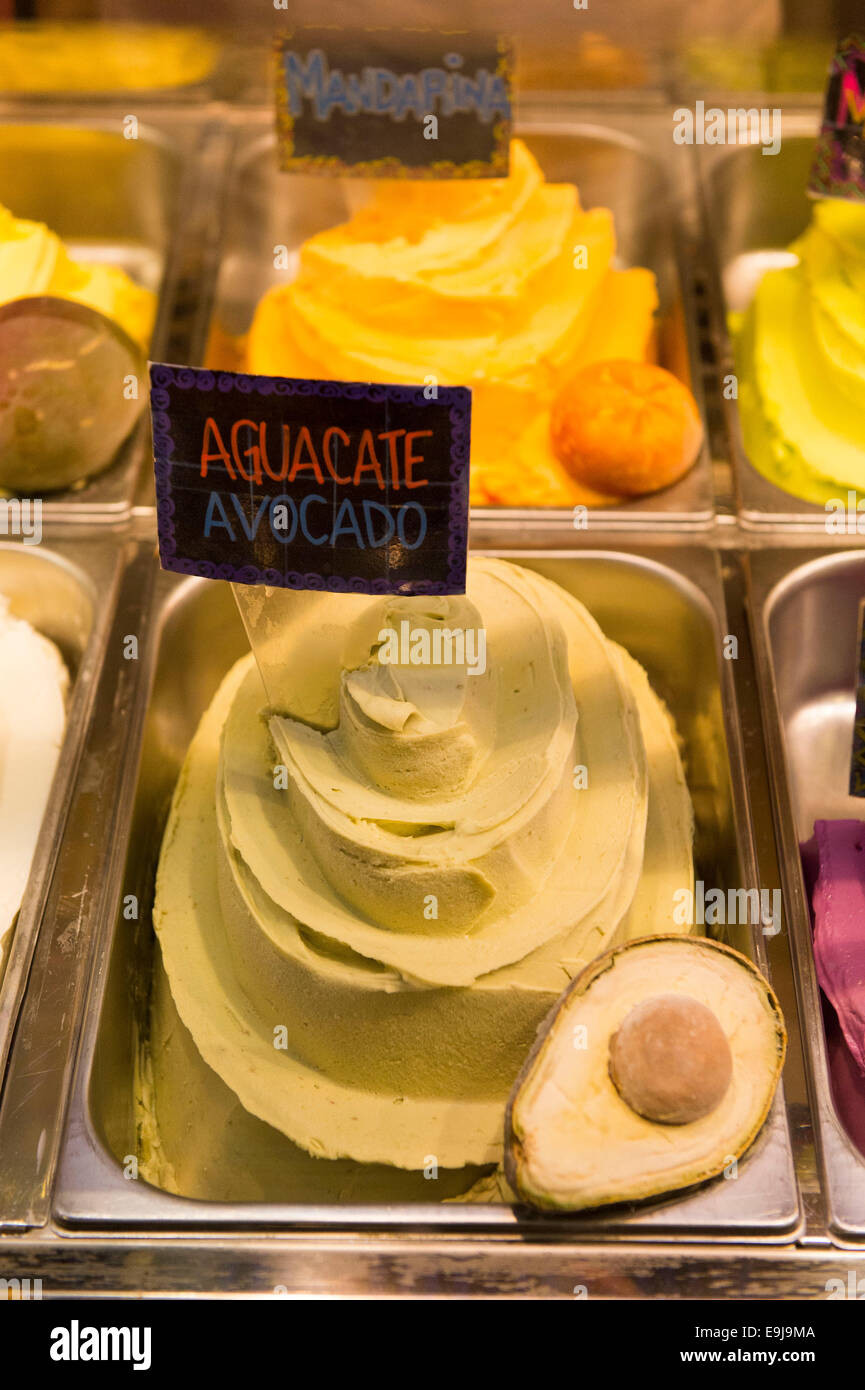 Avocado flavored ice cream for sale in a shop window Stock Photo