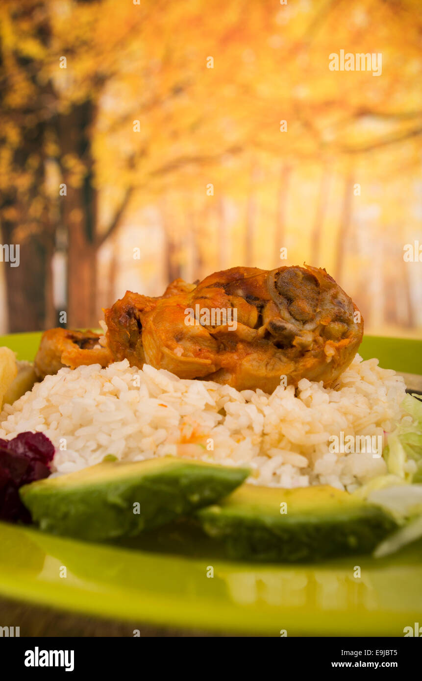 chicken served with white rice potato on a plate Stock Photo - Alamy