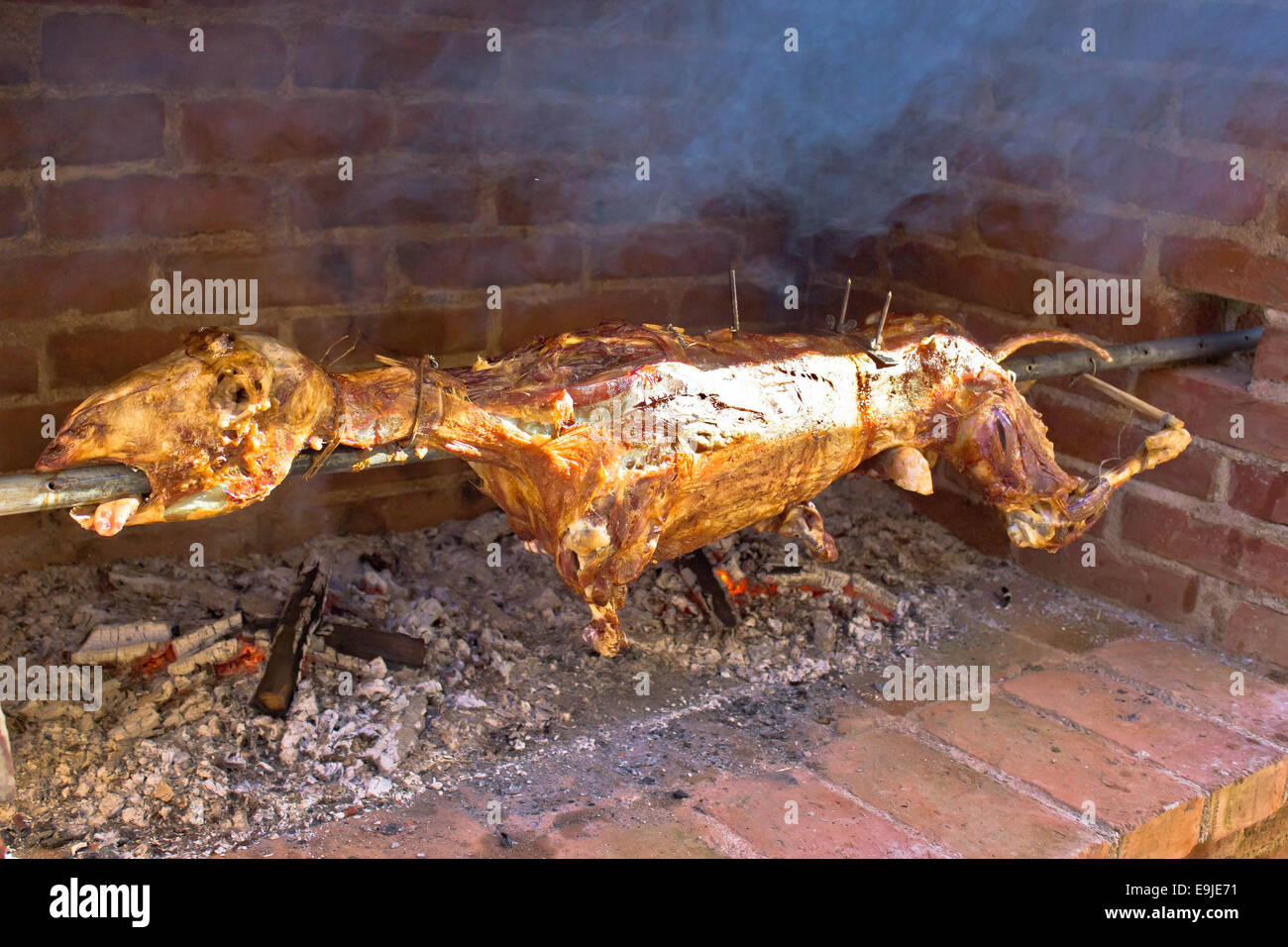 Whole lamb on spit (meat food) Stock Photo