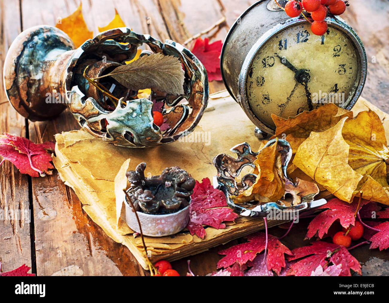 old clock on the background of fallen leaves Stock Photo - Alamy