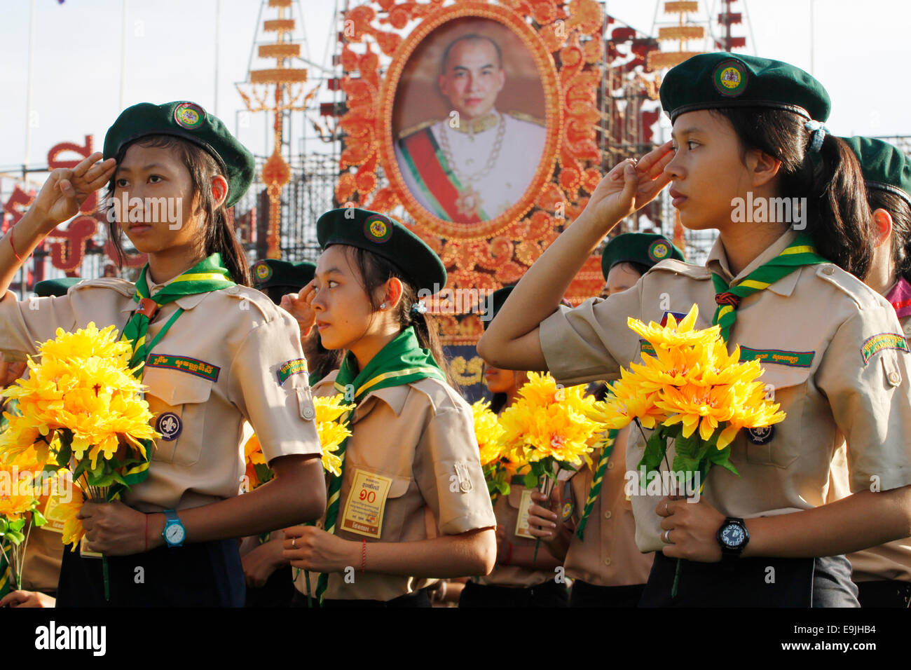 Phnom Penh. 29th Oct, 2014. A group of Scouts salute during the celebration for the 10th anniversary of Cambodian King Norodom Sihamoni's coronation in Phnom Penh Oct. 29, 2014. Cambodia on Wednesday celebrated the 10th anniversary of King Norodom Sihamoni's coronation, urging people to continue uniting for national peace and development. Credit:  Sovannara/Xinhua/Alamy Live News Stock Photo