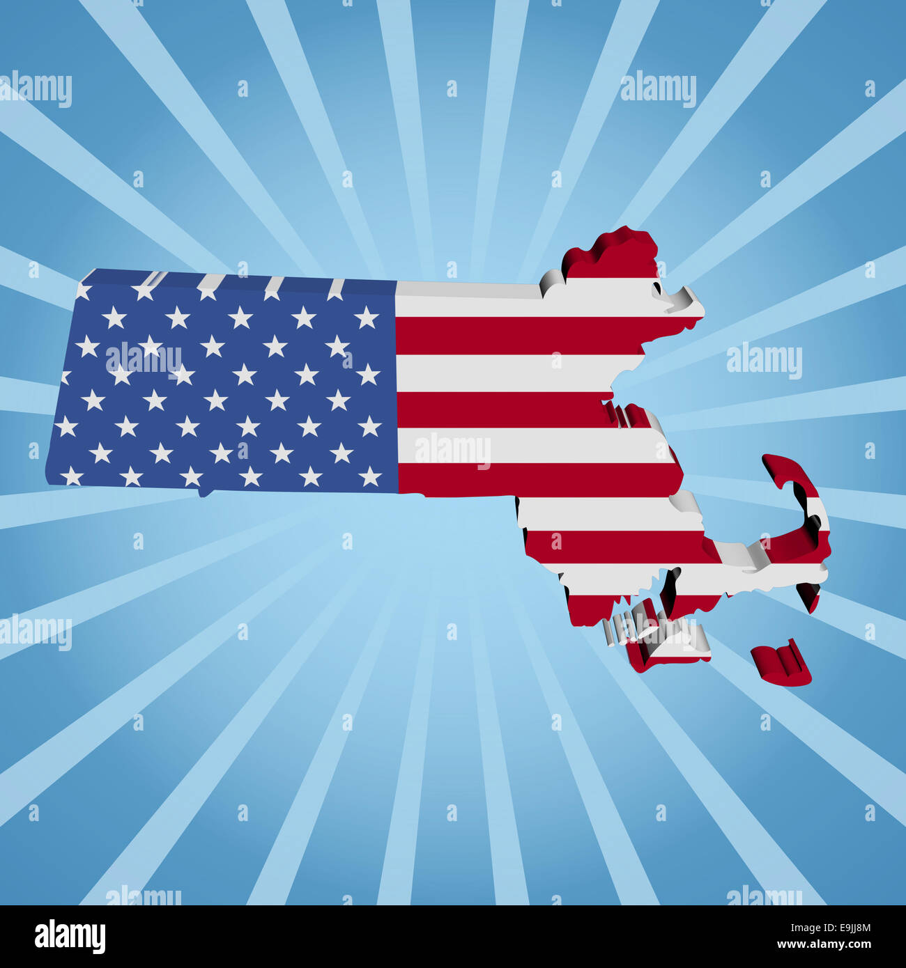 Massachusetts map flag on blue sunburst illustration Stock Photo - Alamy