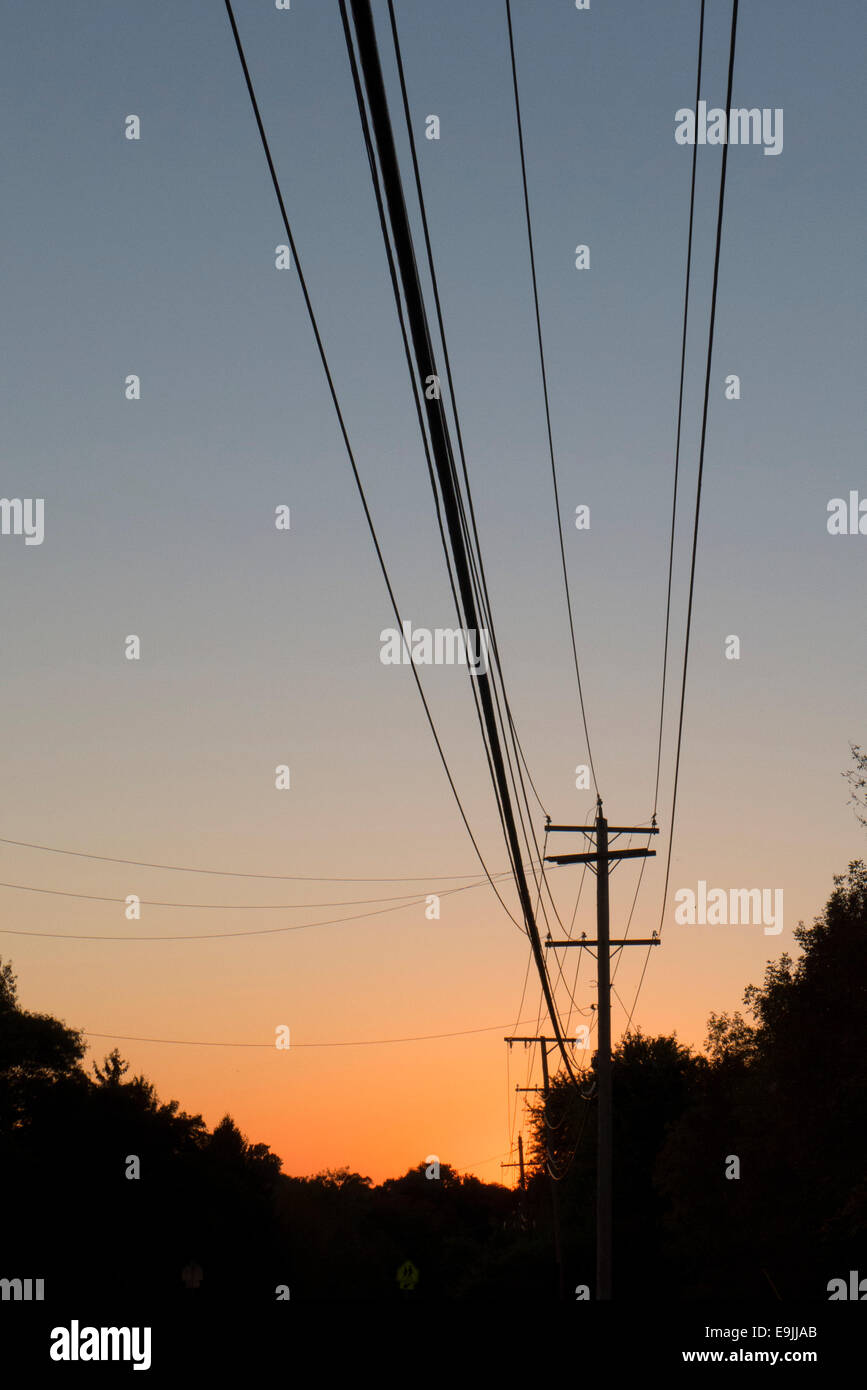 Electric wires at dusk. Stock Photo
