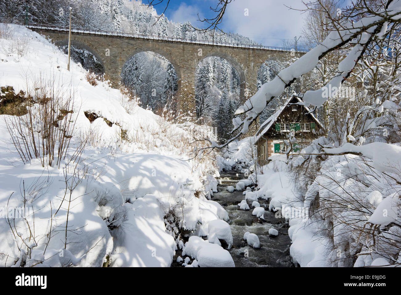 Snow-covered creek with a Black Forest house and a railway bridge, Ravenna gorge, Black Forest, Baden-Württemberg, Germany Stock Photo