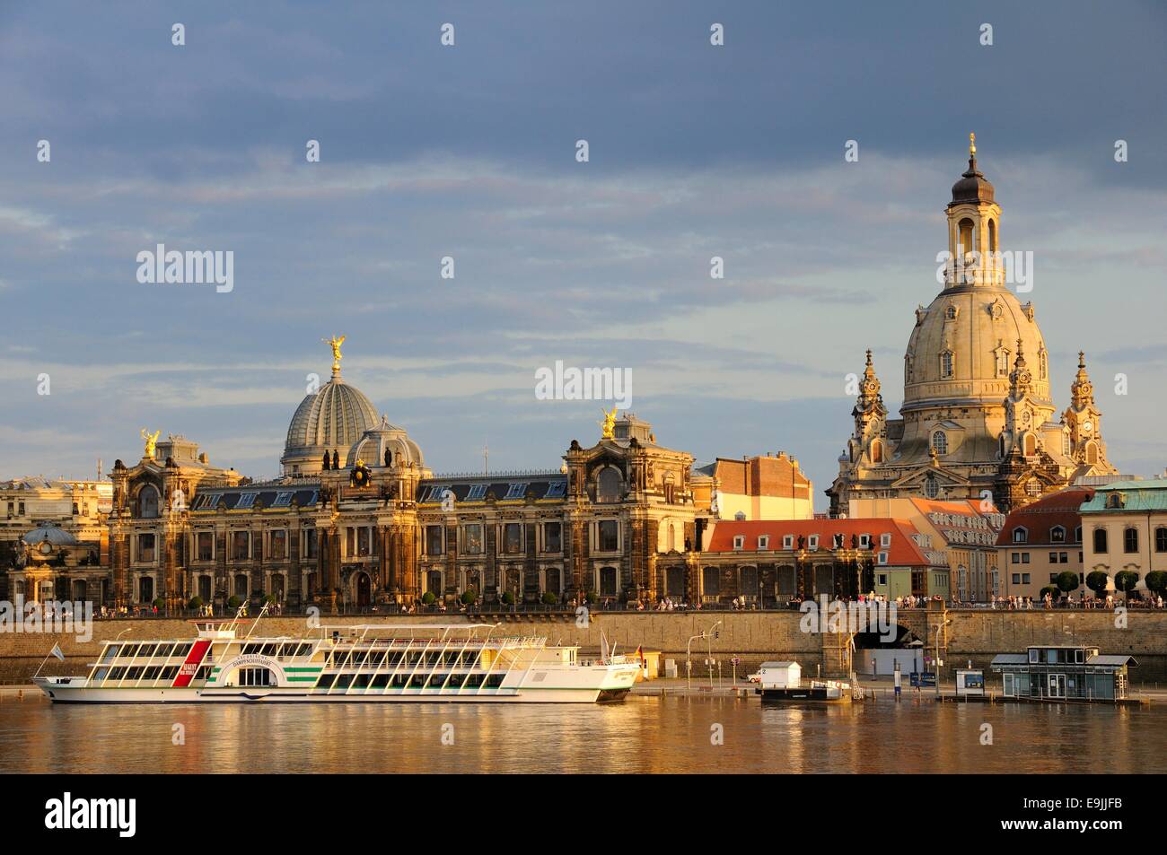 View across the Elbe River of the Dresden Academy of Fine Arts and Dresden Frauenkirche, Church of Our Lady, Dresden, Saxony Stock Photo