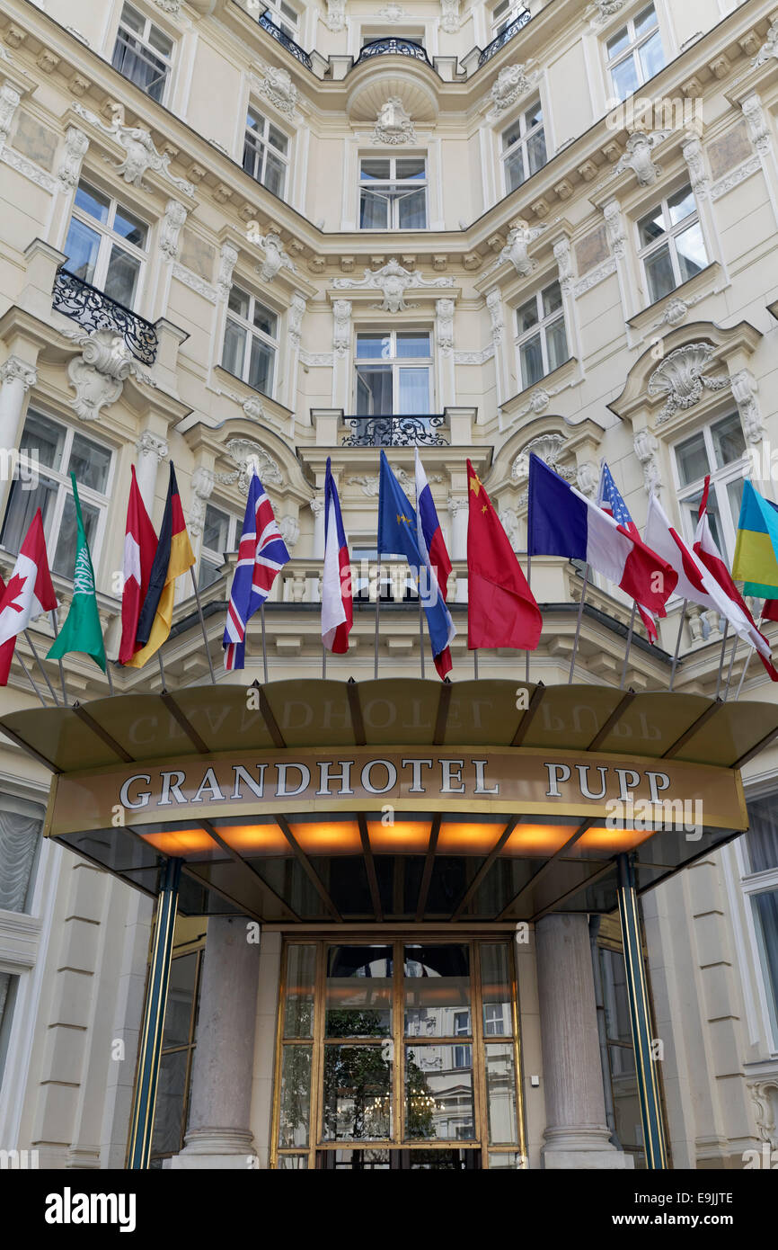 Hotel entrance with international flags, Grandhotel Pupp, Karlovy Vary, Karlovy Vary Region, Bohemia, Czech Republic Stock Photo