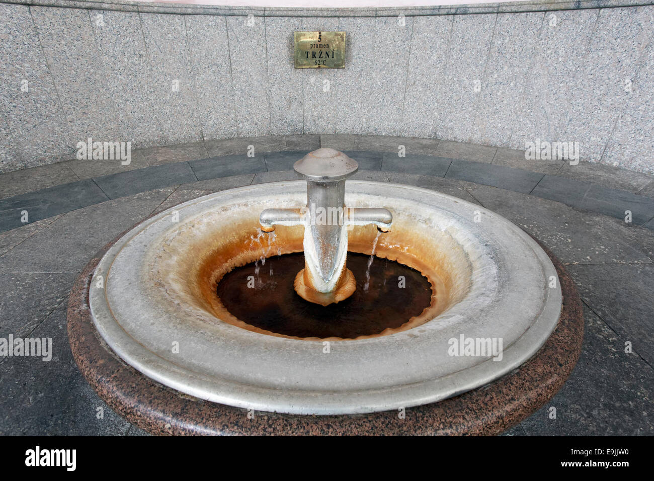 Thermal water fountain, pool with mineral deposits, market well, Pramen Trzni, Karlovy Vary, Karlovy Vary Region, Bohemia Stock Photo