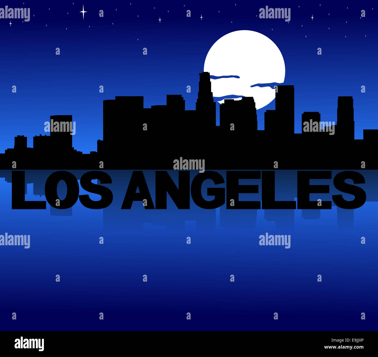 Los Angeles skyline reflected with text and moon illustration Stock ...