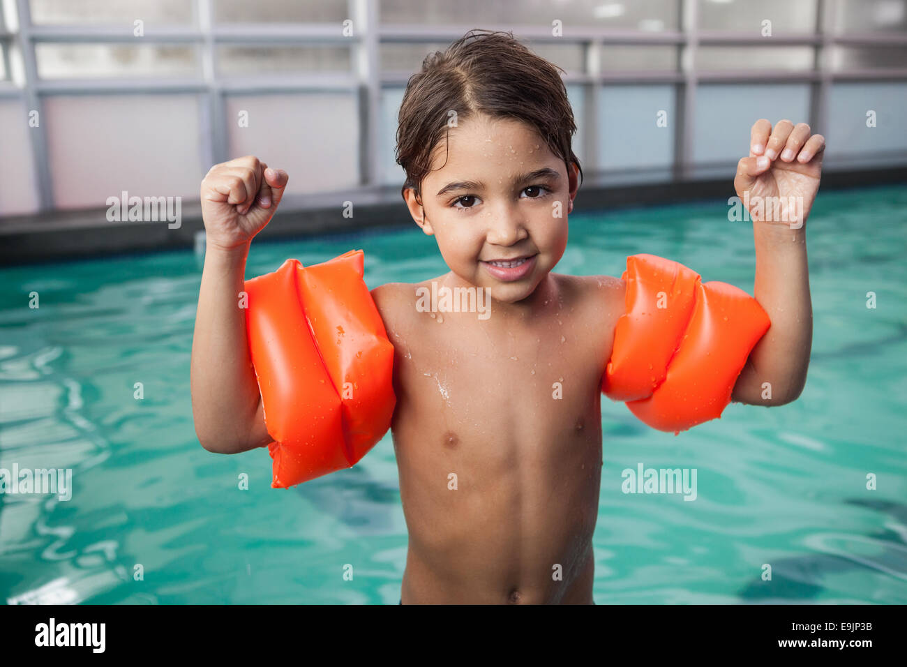 Little boy smiling at the pool Stock Photo