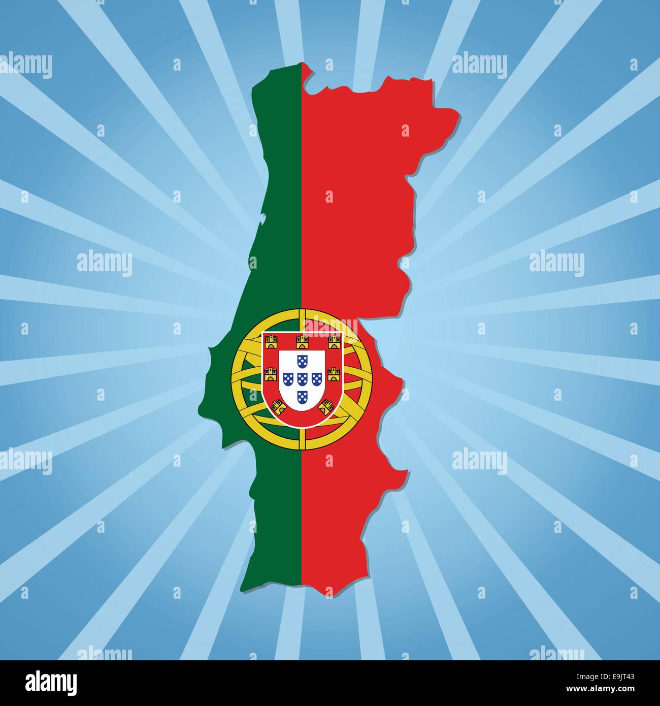 Abstract Blue World Map With Magnified Portugal. Portugal Flag And