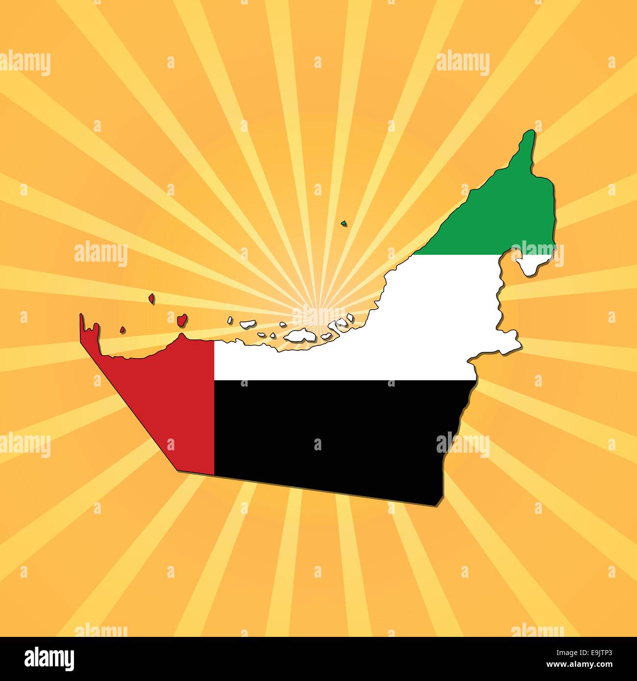United Arab Emirates map flag on blue sunburst illustration Stock Vector