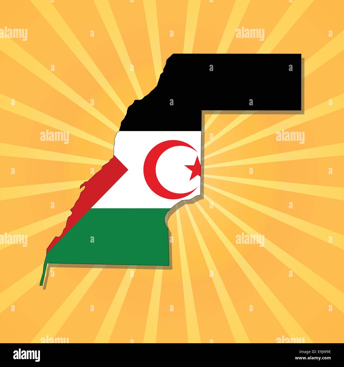 Western Sahara map flag on blue sunburst illustration Stock Vector