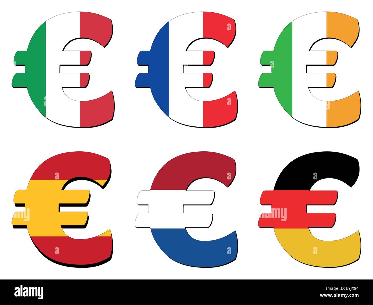 Italian French Irish Spanish Dutch German Flag euro symbol vector illustration Stock Vector
