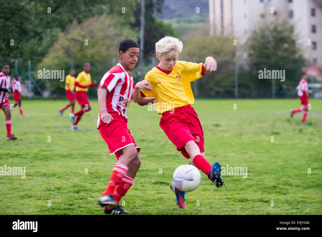 Two young football players of U13 fight for the ball, Cape Town, South Africa Stock Photo