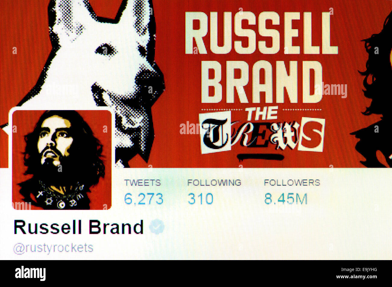 Russell Brand's Twitter account screenshot of profile page Stock