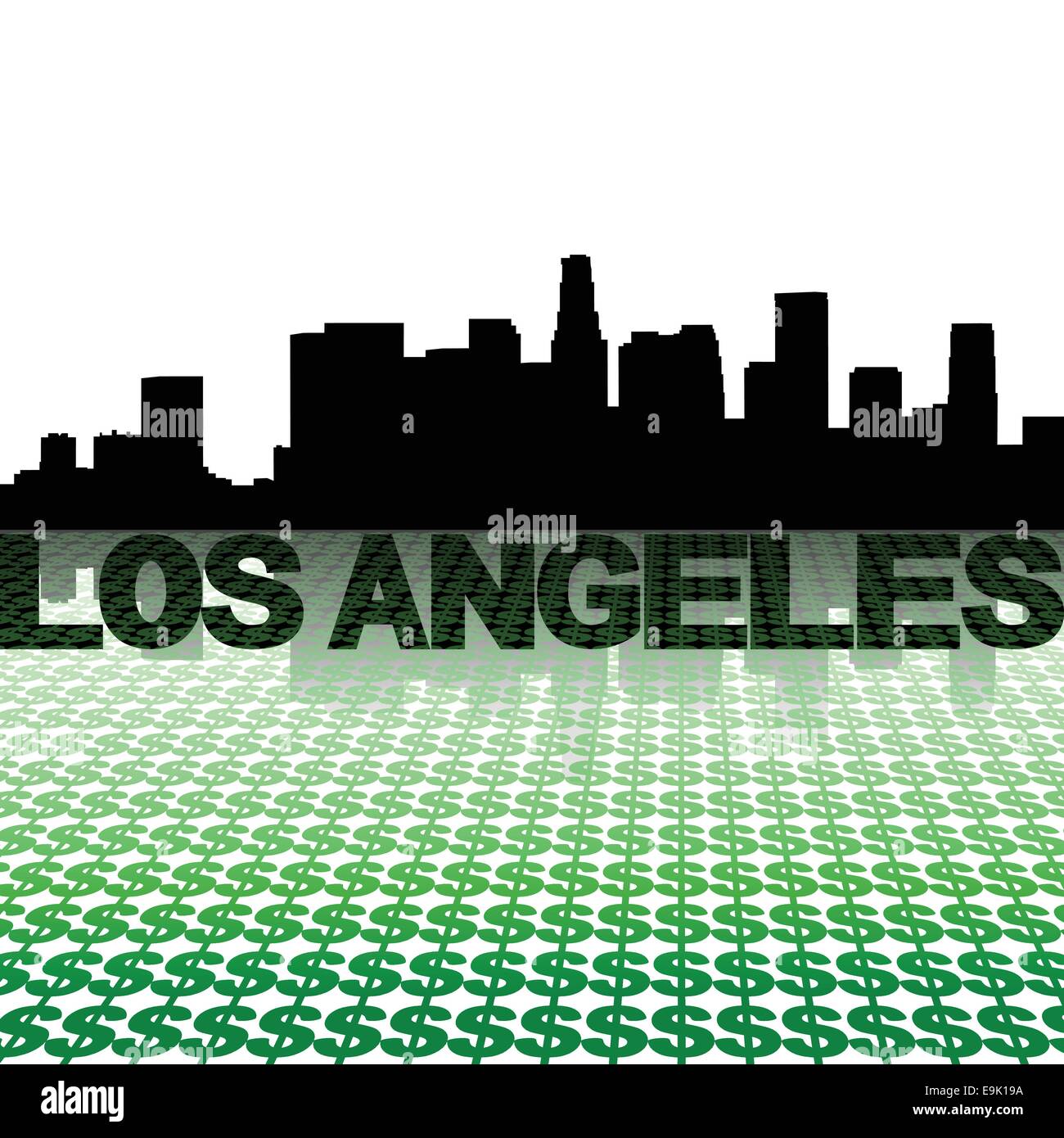 Los Angeles skyline reflected with dollar symbols illustration Stock
