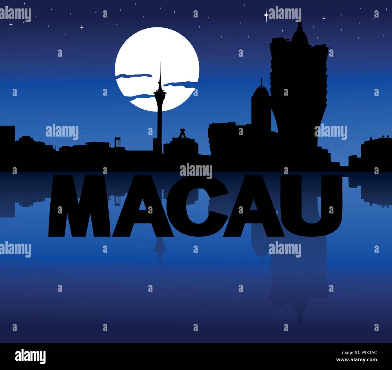 Macau skyline reflected with text and moon vector illustration Stock ...