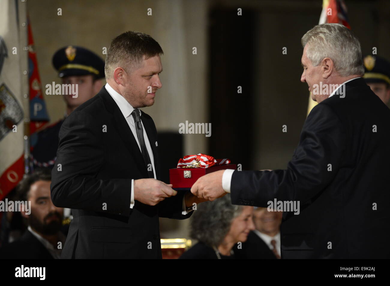 Prague, Czech Republic. 28th Oct, 2014. Czech President Milos Zeman (right) bestowed the Order of the White Lion, the highest Czech state award, on Slovak Prime Minister Robert Fico at a ceremony at Prague Castle today, on Tuesday, October 28, 2014. Fico have been decorated for their outstanding contribution for the benefit of the Czech Republic. Credit:  CTK/Alamy Live News Stock Photo