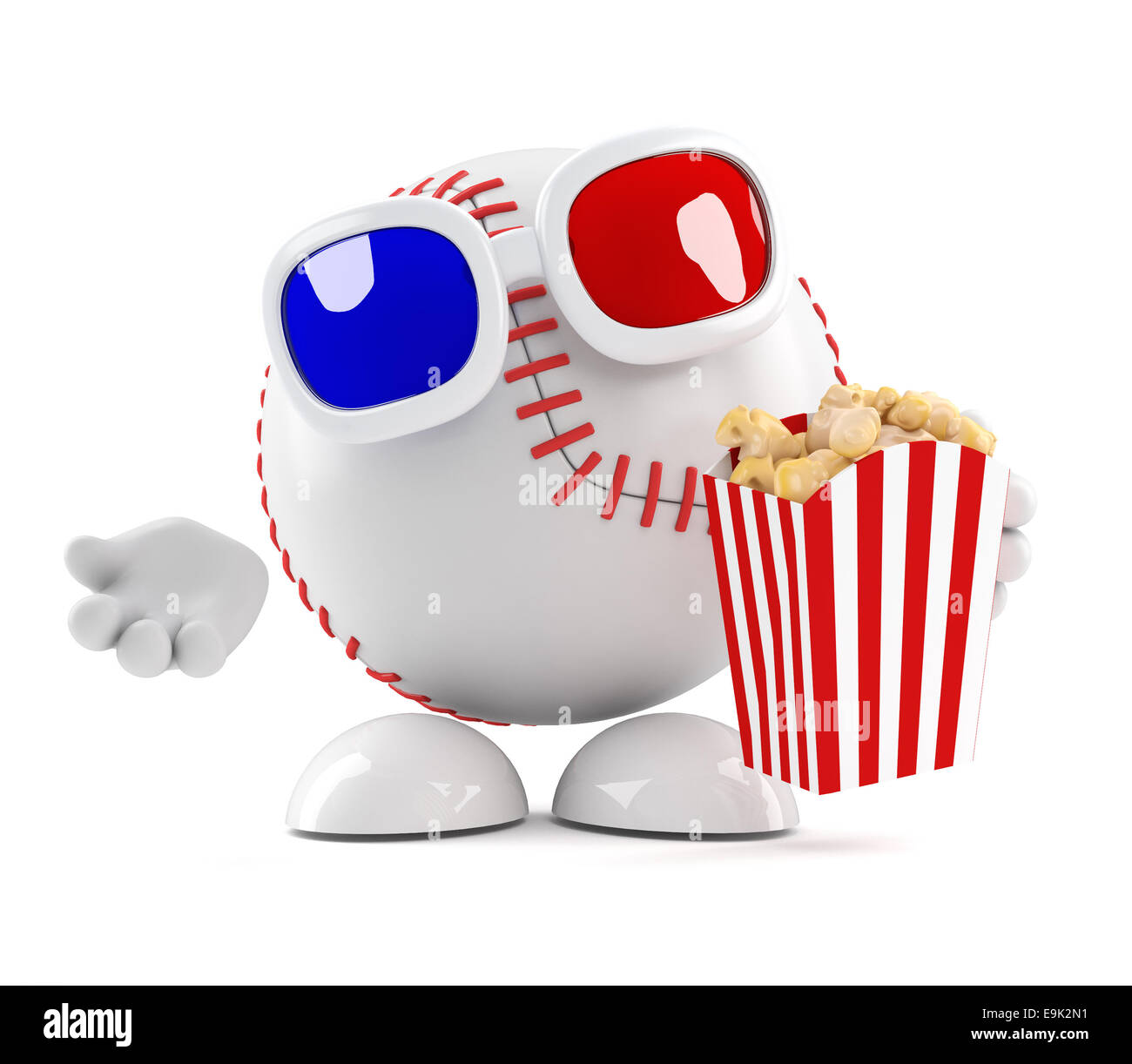 3d render of a baseball character eating popcorn at the 3d movie Stock