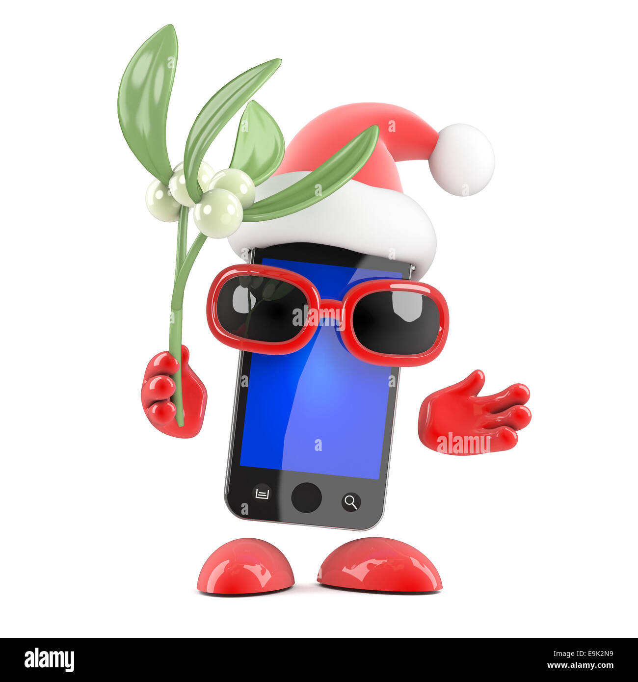 3d render of a smartphone wearing a Santa Claus hat and holding mistletoe Stock Photo