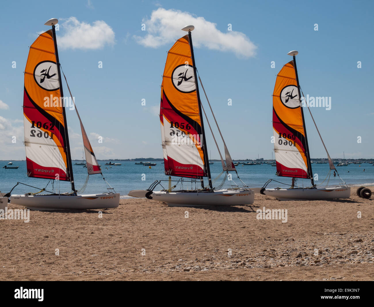 small catermarans with sails raised on the beach plage des dames, Noirmoutier-en-l'Île, noirmoutier Stock Photo