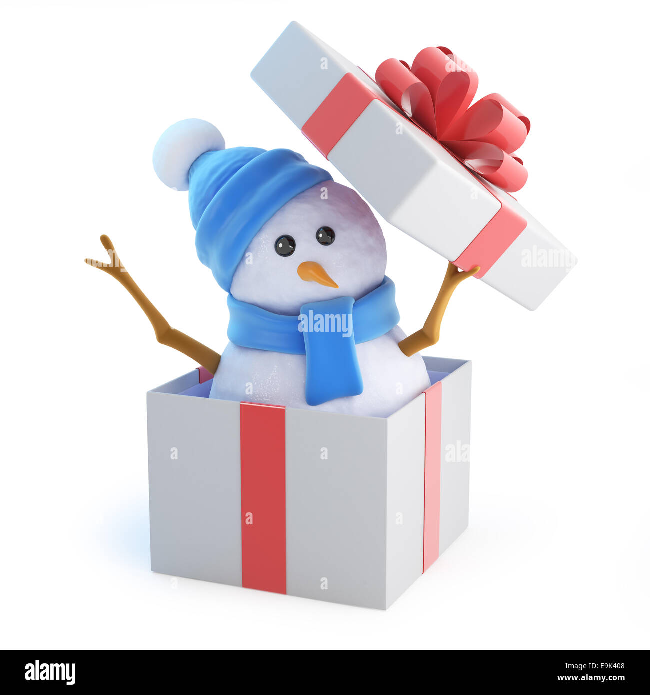 3d render of a snowman in a blue scarf and hat appears from inside a ...