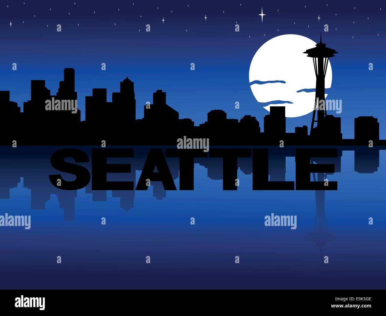 Seattle skyline reflected with text and moon vector illustration Stock ...