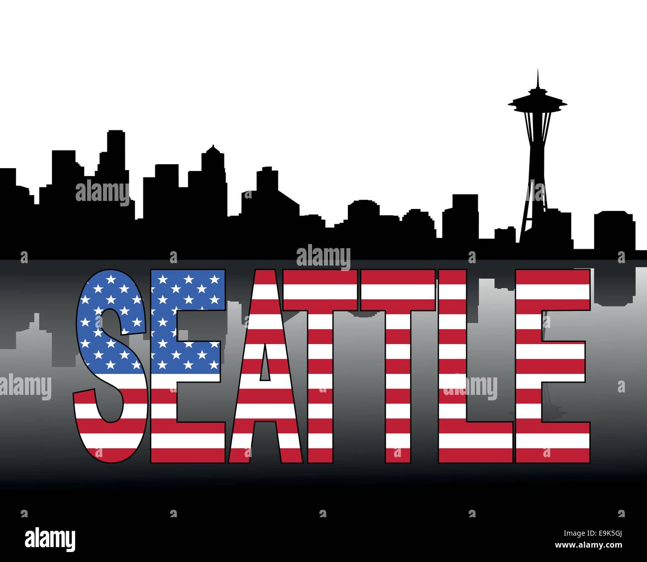 Seattle skyline reflected with flag text vector illustration Stock ...