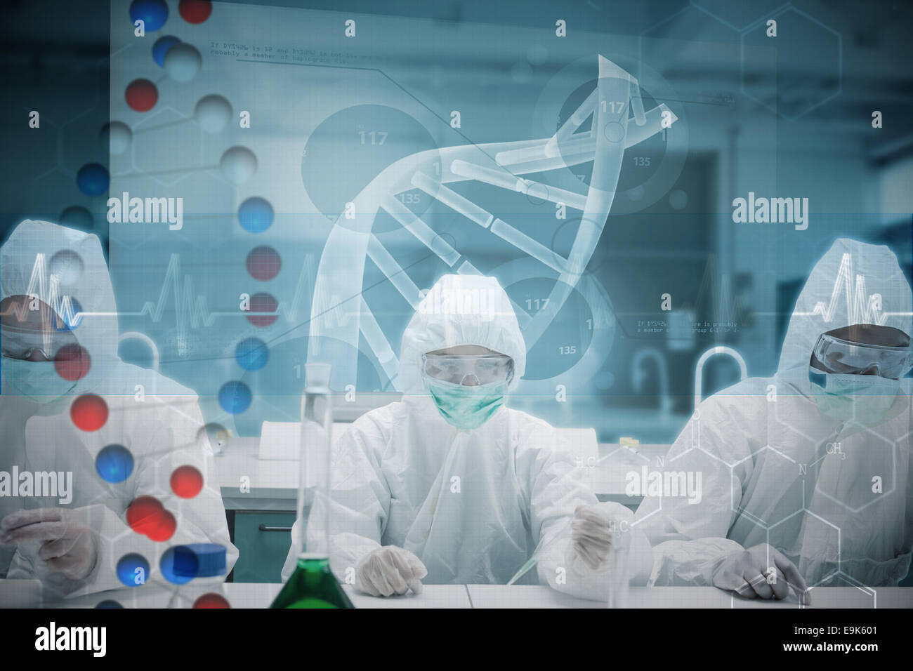 Composite image of chemists working in the lab with futuristic interface Stock Photo