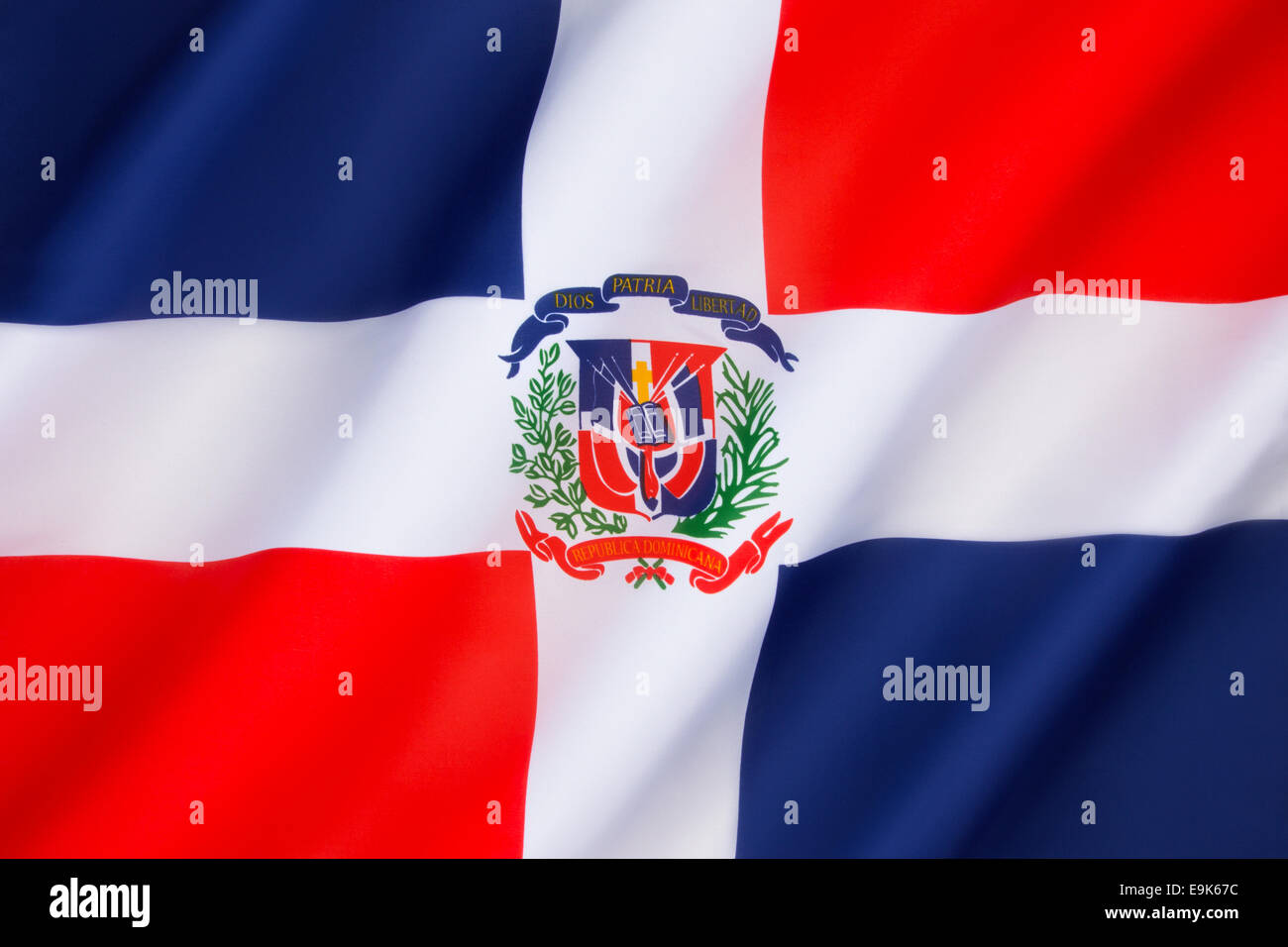 Flag of the Dominican Republic - as described by Article 31 of the Dominican Constitution. Stock Photo