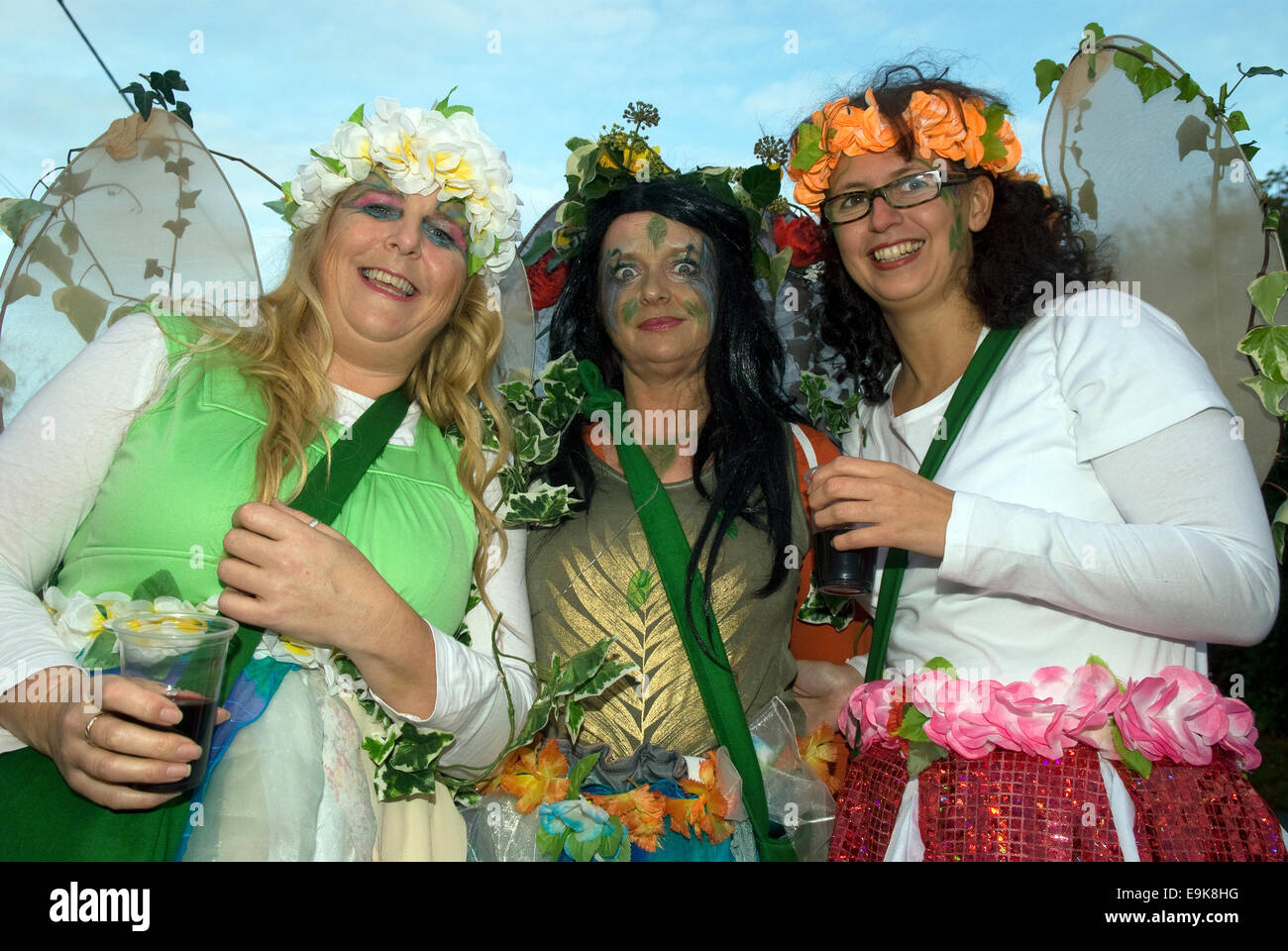 3 females in fancy dress costume at Liphook Carnival, 25 October 2014, Liphook, Hampshire, UK. Stock Photo